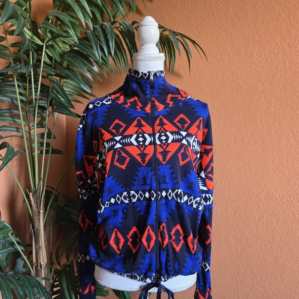 Lauren Active Ralph Lauren Cotton Zip Up Top Tribal Print Blue Orange XL Waffle